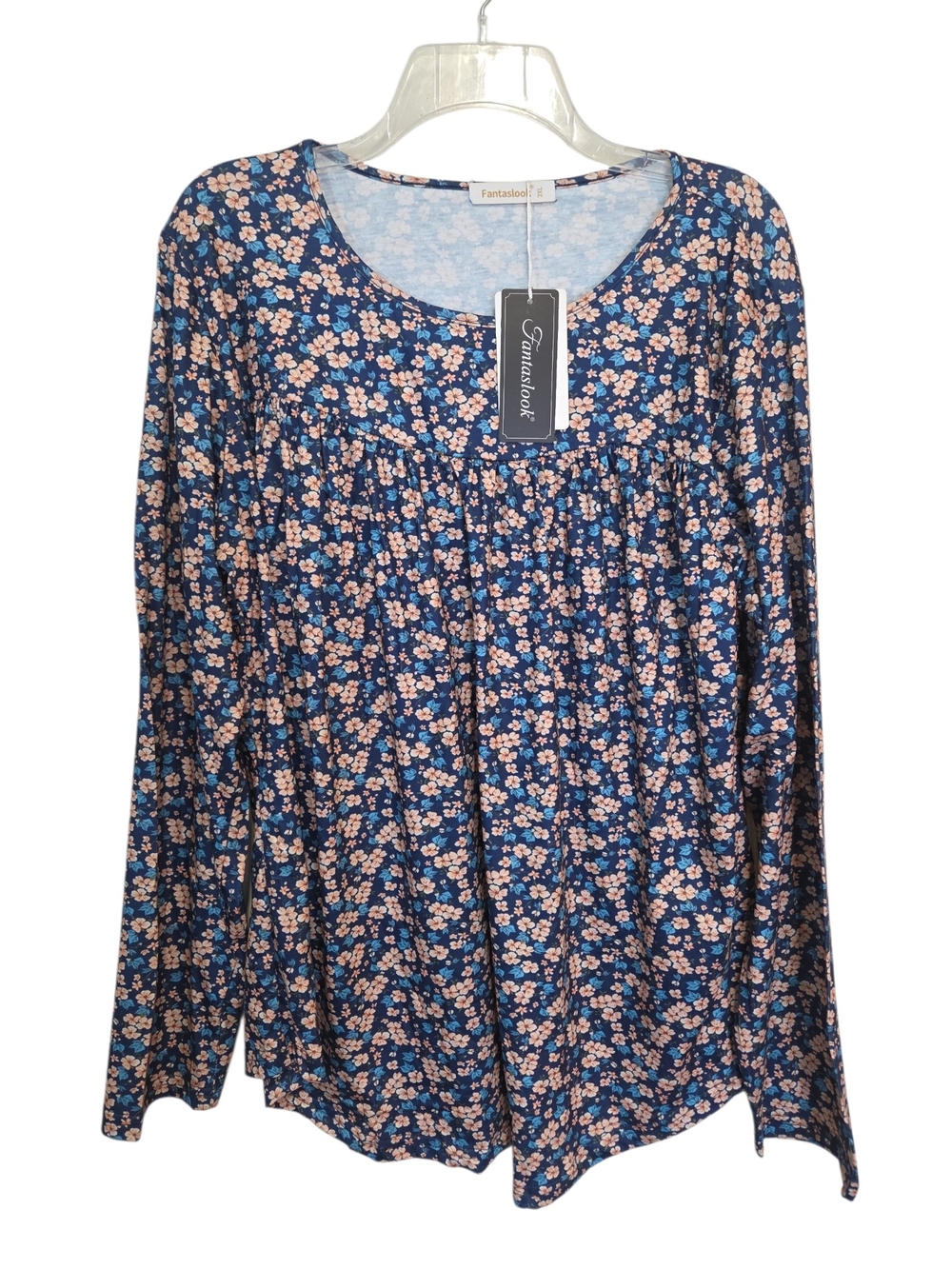 Fantaslook Navy Blue Long-Sleeve Scoop Neck Floral Top Size 2XL